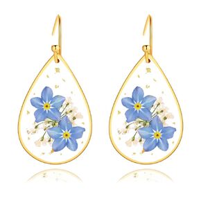 Sereney Forget Me Not Pressed Flowers Earrings, Sterling Silver Earrings as Mothers Day Gifts for Mom, Blue Flower Teardrop Earrings Queen Anne's Lace Wildflower Dangle Jewelry as Memorial Gifts