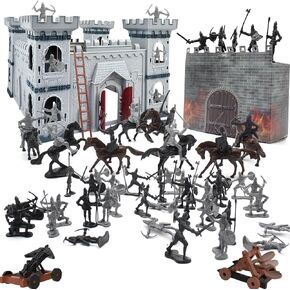 Medieval Castle Knight Toy Soldier Army Figurines, DIY Assembled Cavalry, Arrow Tower,8 Knights and 8 Horse, 36 Soldiers, Simulated Siege War of Attack Castle Toy for Boys