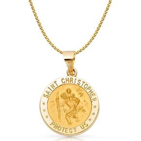 14K Yellow Gold Protect Us St. Christopher Medal Pendant Necklace with 1.7mm Flat Open Wheat Chain