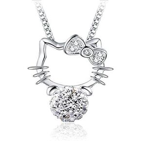 Cute Real 925 Sterling Silver Cat Pendant Necklace Rhinestone Ball Pendant