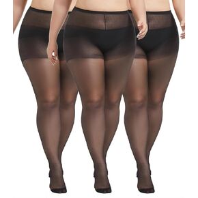 3 Pairs Plus Size Sheer Tights for Women, 20D Ultra Thin High Waist Control Top Pantyhose with Reinforced Toes