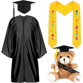 Unittype 4 Pcs Preschool Graduation Gown Cap with Tassel Graduation Stole Stuff Plush Bear Set for Kids Graduation Gifts