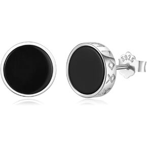 Black Onyx Stud Earrings for Men Women, 925 Sterling Silver Viking Earrings