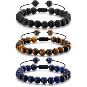 2-4Pcs Mens Beaded Bracelets 8MM Tiger Eye Beaded Bracelets for Men Matte Lava Rock Bracelets Adjustable Black Beaded Bracelet for Men Women Gifts