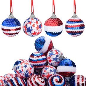 24 Piece Independence Day Hanging Ball - 1.57" Memorial Day Sequin Hanging Ball Ornament - 4th of July Red White Blue Tree Decorations for Memorial Day Veterans Patriotic USA Themed Party Supplies