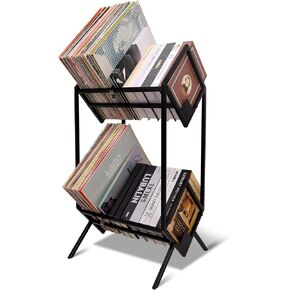 حامل تسجيل معدني لتخزين سجلات الفينيل مع رف بتصميم بسيط قديم - تنظيم الألبومات - كتاب تخزين، مجلة، ملفات - قابل للتكديس مع ألبومات 80-110 - رف LPs مقاس 7 أو 12 بوصة (أسود) in Kuwait