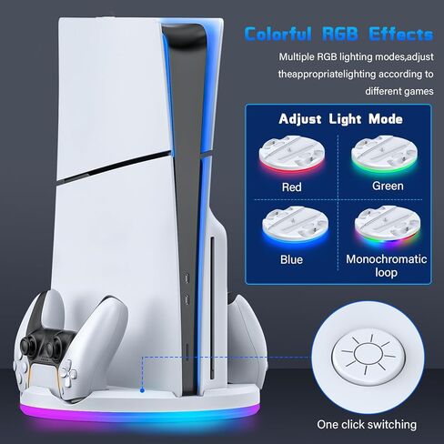 محطة شحن PS5 رفيعة ووحدة تحكم مزدوجة لبلاي ستيشن 5 وحدة تحكم رفيعة وقرص رقمي، حامل رأسي رائع RGB PS5 مع شاحن وحدة تحكم، برغي ملحق قاعدة حامل PS5، أبيض in Kuwait