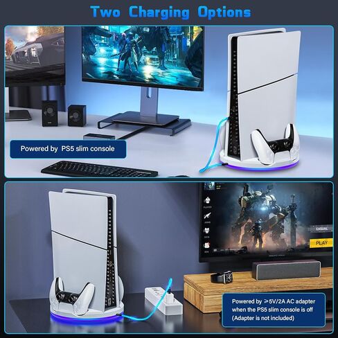 محطة شحن PS5 رفيعة ووحدة تحكم مزدوجة لبلاي ستيشن 5 وحدة تحكم رفيعة وقرص رقمي، حامل رأسي رائع RGB PS5 مع شاحن وحدة تحكم، برغي ملحق قاعدة حامل PS5، أبيض in Kuwait