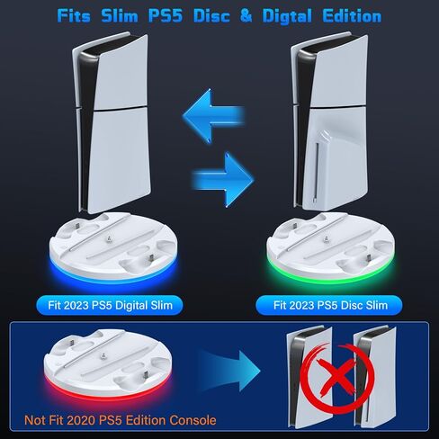 محطة شحن PS5 رفيعة ووحدة تحكم مزدوجة لبلاي ستيشن 5 وحدة تحكم رفيعة وقرص رقمي، حامل رأسي رائع RGB PS5 مع شاحن وحدة تحكم، برغي ملحق قاعدة حامل PS5، أبيض in Kuwait