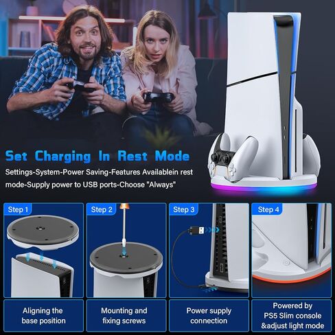 محطة شحن PS5 رفيعة ووحدة تحكم مزدوجة لبلاي ستيشن 5 وحدة تحكم رفيعة وقرص رقمي، حامل رأسي رائع RGB PS5 مع شاحن وحدة تحكم، برغي ملحق قاعدة حامل PS5، أبيض in Kuwait
