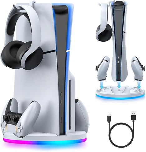 محطة شحن PS5 رفيعة ووحدة تحكم مزدوجة لبلاي ستيشن 5 وحدة تحكم رفيعة وقرص رقمي، حامل رأسي رائع RGB PS5 مع شاحن وحدة تحكم، برغي ملحق قاعدة حامل PS5، أبيض in Kuwait