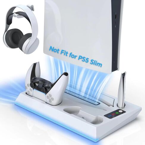محطة تبريد حامل PS5 مع محطة شحن وحدة تحكم مزدوجة، مروحة تبريد 3 مستويات، 3 محاور USB، حامل سماعة رأس، فتحة وسائط لأقراص وحدة التحكم PS5/الإصدار الرقمي (غير مناسبة لجهاز PS5 Slim) in Kuwait