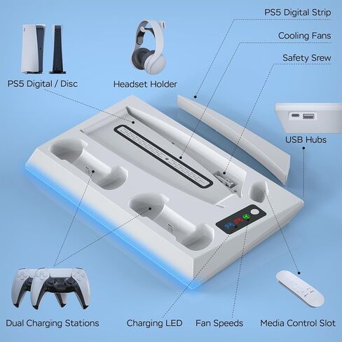 محطة تبريد حامل PS5 مع محطة شحن وحدة تحكم مزدوجة، مروحة تبريد 3 مستويات، 3 محاور USB، حامل سماعة رأس، فتحة وسائط لأقراص وحدة التحكم PS5/الإصدار الرقمي (غير مناسبة لجهاز PS5 Slim) in Kuwait