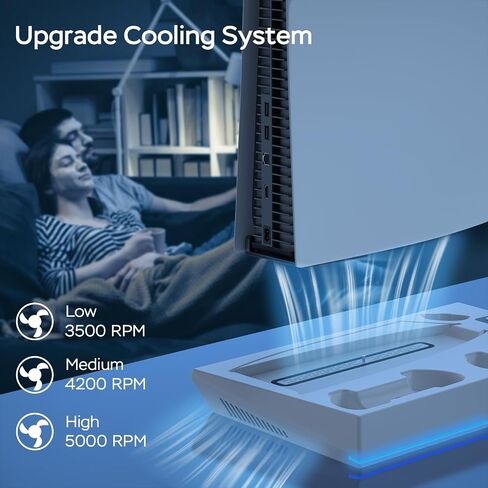 محطة تبريد حامل PS5 مع محطة شحن وحدة تحكم مزدوجة، مروحة تبريد 3 مستويات، 3 محاور USB، حامل سماعة رأس، فتحة وسائط لأقراص وحدة التحكم PS5/الإصدار الرقمي (غير مناسبة لجهاز PS5 Slim) in Kuwait