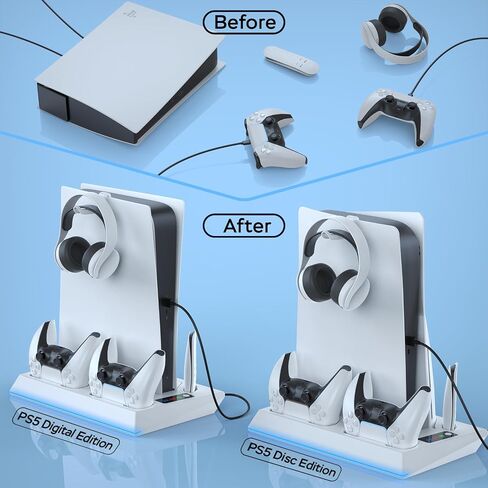 محطة تبريد حامل PS5 مع محطة شحن وحدة تحكم مزدوجة، مروحة تبريد 3 مستويات، 3 محاور USB، حامل سماعة رأس، فتحة وسائط لأقراص وحدة التحكم PS5/الإصدار الرقمي (غير مناسبة لجهاز PS5 Slim) in Kuwait