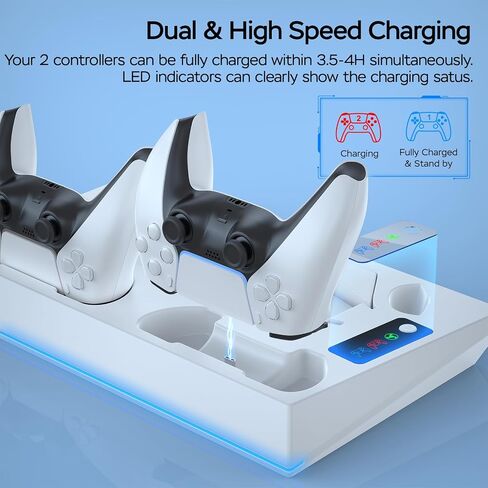 محطة تبريد حامل PS5 مع محطة شحن وحدة تحكم مزدوجة، مروحة تبريد 3 مستويات، 3 محاور USB، حامل سماعة رأس، فتحة وسائط لأقراص وحدة التحكم PS5/الإصدار الرقمي (غير مناسبة لجهاز PS5 Slim) in Kuwait