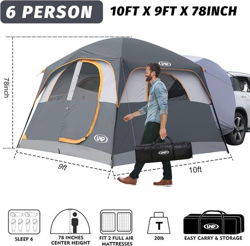 UNP SUV Tents for Camping 6 Person Car Camping Tailgate Tent for Outdoor | Easy Set Up with Rainfly Double Layer Waterproof Family SUV Cabin Tent 10'X9'X78in(H) in Saudi Arabia