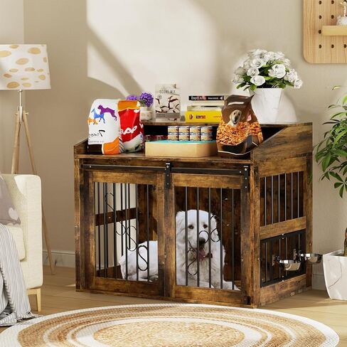 أثاث قفص للكلاب من LOVMOR مع باب الحظيرة المنزلق، طاولة نهاية بيت الكلب الخشبي مقاس 40 بوصة مع عجلات للكلاب الصغيرة/المتوسطة/الكبيرة (ريفي) in Kuwait