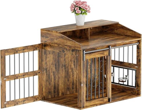 أثاث قفص للكلاب من LOVMOR مع باب الحظيرة المنزلق، طاولة نهاية بيت الكلب الخشبي مقاس 40 بوصة مع عجلات للكلاب الصغيرة/المتوسطة/الكبيرة (ريفي) in Kuwait