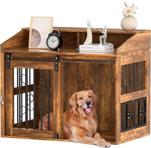 Large Dog Crate Furniture, 40" Heavy Duty Dog Crate with Sliding Barn Door, Dog Kennel Furniture Style House, Wooden Decorative Pet House End Side Table, Chew-Resistant, Rustic in Kuwait