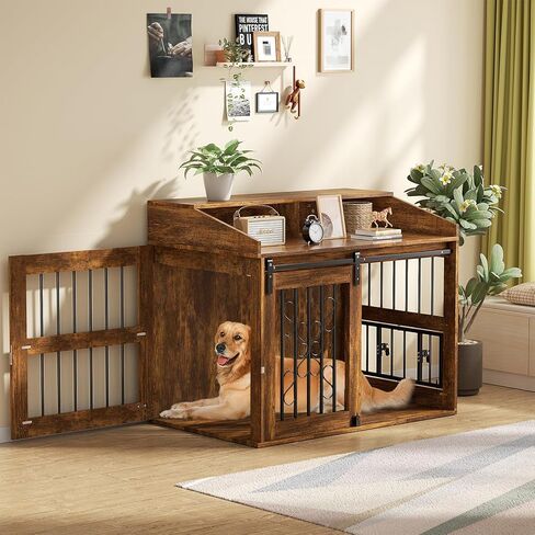Large Dog Crate Furniture, 40" Heavy Duty Dog Crate with Sliding Barn Door, Dog Kennel Furniture Style House, Wooden Decorative Pet House End Side Table, Chew-Resistant, Rustic in Kuwait