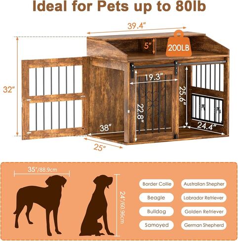Large Dog Crate Furniture, 40" Heavy Duty Dog Crate with Sliding Barn Door, Dog Kennel Furniture Style House, Wooden Decorative Pet House End Side Table, Chew-Resistant, Rustic in Kuwait
