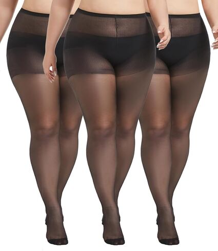 3 Pairs Plus Size Sheer Tights for Women, 20D Ultra Thin High Waist Control Top Pantyhose with Reinforced Toes in Kuwait