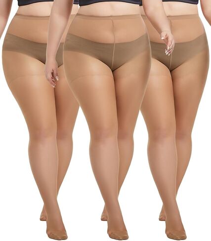3 Pairs Plus Size Sheer Tights for Women, 20D Ultra Thin High Waist Control Top Pantyhose with Reinforced Toes in Saudi Arabia