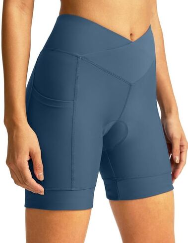 Women's Bike Shorts 4D Padded Cycling Shorts Crossover Waist Biking Shorts with Pockets Bicycle Riding in Kuwait
