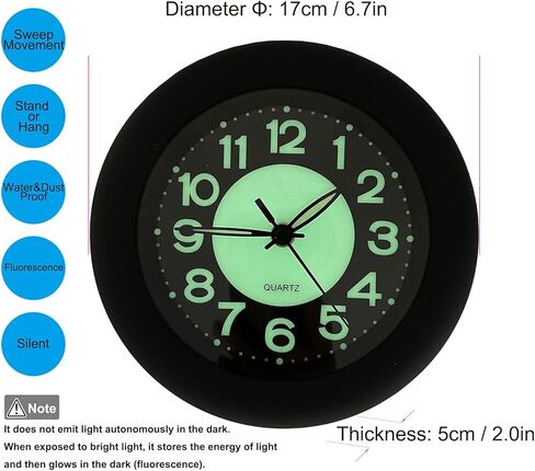 6.7" Luminous Waterproof Wall Clock Silent Non-Ticking Battery Operated Quality Quartz Analog Clock, No Alarm, Flexible Options to Hang or Stand, Withstand Water Vapor and Moisture(Black) in Saudi Arabia