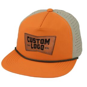 Custom Leather Patch Perforated Rope Hat - Engravable Leather Patch for Business Logo or Image (Straw/Silver Rope) in Kuwait