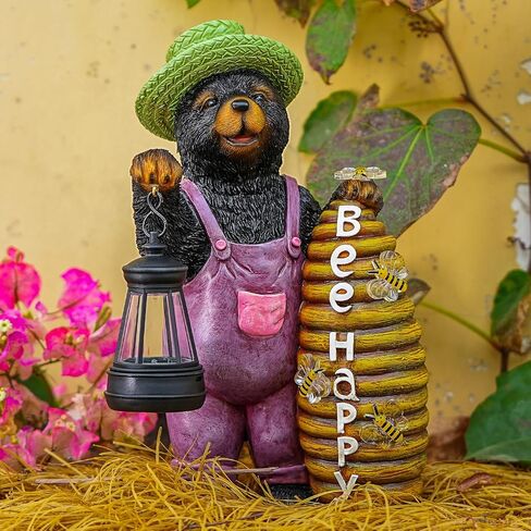 تمثال حديقة الدب الشمسي رائعتين مع خلية النحل والفانوس - "BEE Happy" راتنجات في الهواء الطلق للساحة أو الفناء أو ديكور المنزل in Kuwait
