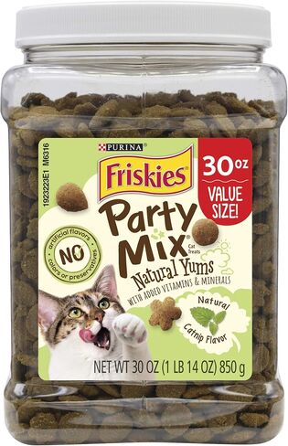 Purina Friskies Natural Cat Treats, Party Mix Natural Yums With Wild Caught Tuna and added vitamins, minerals and nutrients - 20 oz. Canister in Saudi Arabia