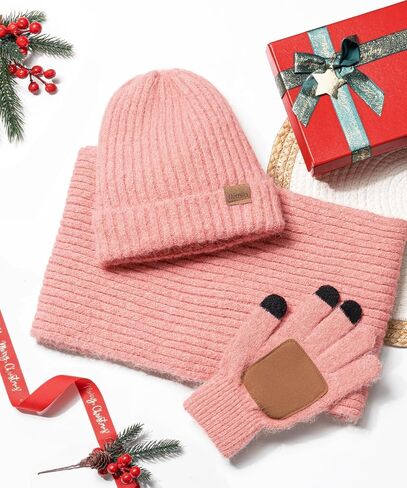 النساء الشتاء دافئ قبعة متماسكة قبعة شحنة طويلة وشاح الشاشة اللمسات مجموعة الصوف الجمجمة قبعة عيد الحب الهدايا للرجال النساء في سن المراهقة in Kuwait