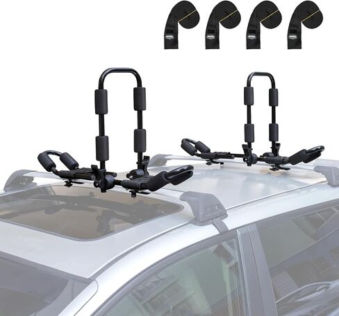 Leader Accessories Folding Kayak Roof Rack - 4 PCS/Set Heavy Duty Stainless Steel J Bars for Canoe, Surf Board, SUP - Mounts on Roof Crossbar with 4 Tie Down Straps, Fits Cars, SUVs, Trucks in Saudi Arabia