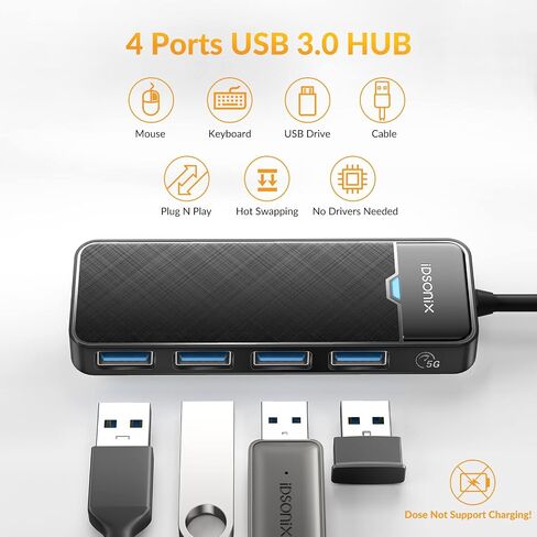 IDSONIX USB3.0 HUB 4-PORT USB Splitter Ultra Slim Multiport Extender لسطح المكتب ، الكمبيوتر المحمول ، Xbox ، محرك أقراص محرك الأقراص ، HDD ، وحدة التحكم ، الطابعة ، الكمبيوتر ، لوحات المفاتيح ، الماوس [شحن غير مدعوم] (كابل 6 قدم) in Kuwait