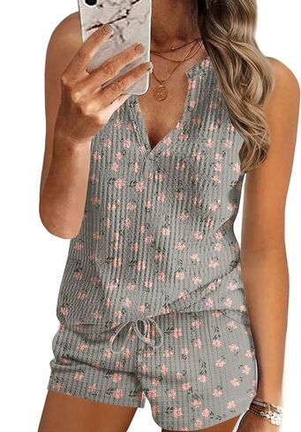 Ekouaer Pajamas Tank Top and Shorts Lounge Sets Waffle Knit V Neck Pj Short Sets Casual Outfits for Women in Saudi Arabia