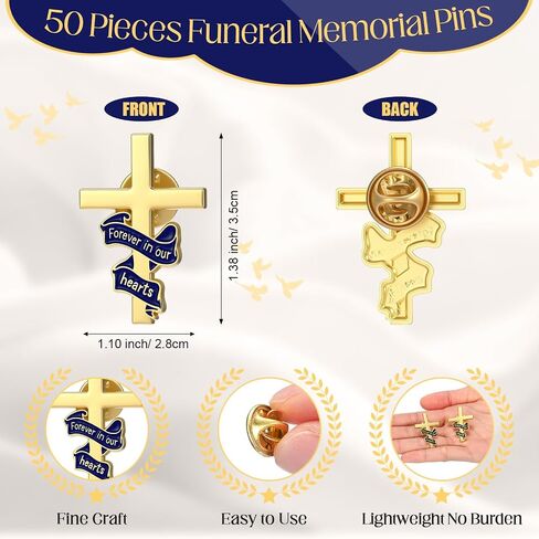 Misdary 50 Pcs Funeral Favor for Guest Funeral Cross Ribbon Pins Memorial Lapel Brooch Forever in Our Hearts Religious Christian Celebration of Life Gift for Mourning Remembrance Day in Saudi Arabia