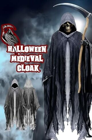Halloween Scary Grim Reaper Costume Hooded Cape Medieval Renaissance Robe Adult Masquerade Party Cosplay Props in Saudi Arabia
