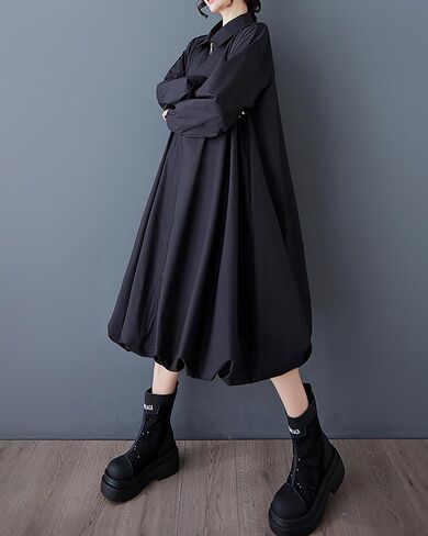 ellazhu Women's Dress Lapel Long Lantern Sleeve Pocket Elastic Hem Convertible Solid Color GZ463 in Kuwait