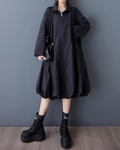 ellazhu Women's Dress Lapel Long Lantern Sleeve Pocket Elastic Hem Convertible Solid Color GZ463 in Kuwait
