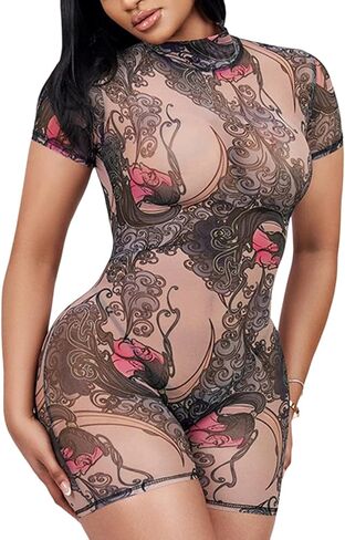 Hesuuio Sexy Belesuits for Women Mesh Print Short Sleeve Backless Bodycon Phemsuit Romper One Piece Club Outfit in Saudi Arabia