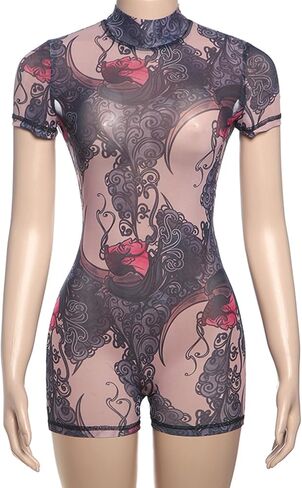 Hesuuio Sexy Belesuits for Women Mesh Print Short Sleeve Backless Bodycon Phemsuit Romper One Piece Club Outfit in Saudi Arabia