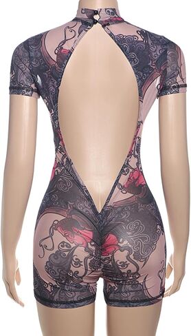 Hesuuio Sexy Belesuits for Women Mesh Print Short Sleeve Backless Bodycon Phemsuit Romper One Piece Club Outfit in Saudi Arabia