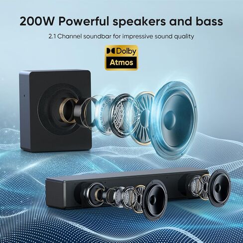 2.1 ch Soundbar with subwoofer, Dolby Digital 200W Sound Bars TV Speaker Home Theater Audio Surround Sound System, HDMI eARC/Bluetooth/DSP/Remote Control External Speakers for Smart TVs in Saudi Arabia