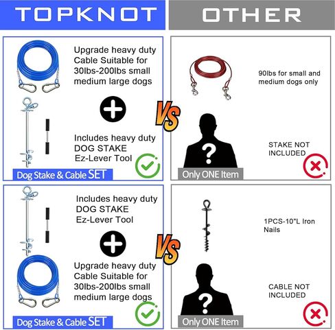 Topknot Dog Tie Out Out Out and Stake ، مع كابل ثقيل 30 قدمًا ، و 360 درجة دوار الكلاب- لا تشابك ، عداء الكلاب لبرهان الصدأ ، يمكن أن يحمل كلاب- ما يصل إلى 150 رطلاً ، مثاليًا للتخييم في الهواء الطلق in Kuwait