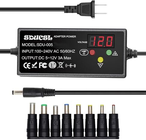 4-Button Adjustable DC Power Supply 5-12V 0.1A-3A, UL Listed, 8 DC Tips & 24H Timer, Compact Design for Home/Office in Saudi Arabia