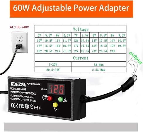 4-Button Adjustable DC Power Supply 5-12V 0.1A-3A, UL Listed, 8 DC Tips & 24H Timer, Compact Design for Home/Office in Saudi Arabia