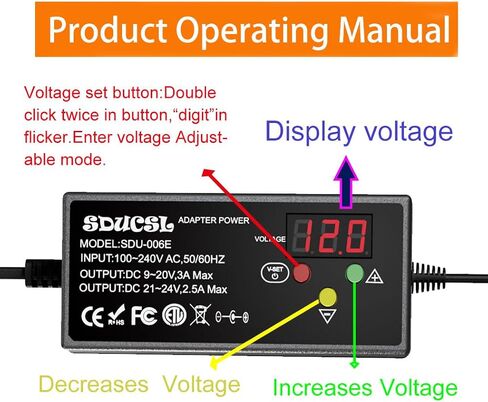 4-Button Adjustable DC Power Supply 5-12V 0.1A-3A, UL Listed, 8 DC Tips & 24H Timer, Compact Design for Home/Office in Saudi Arabia
