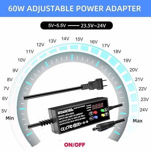 4-Button Adjustable DC Power Supply 5-12V 0.1A-3A, UL Listed, 8 DC Tips & 24H Timer, Compact Design for Home/Office in Saudi Arabia